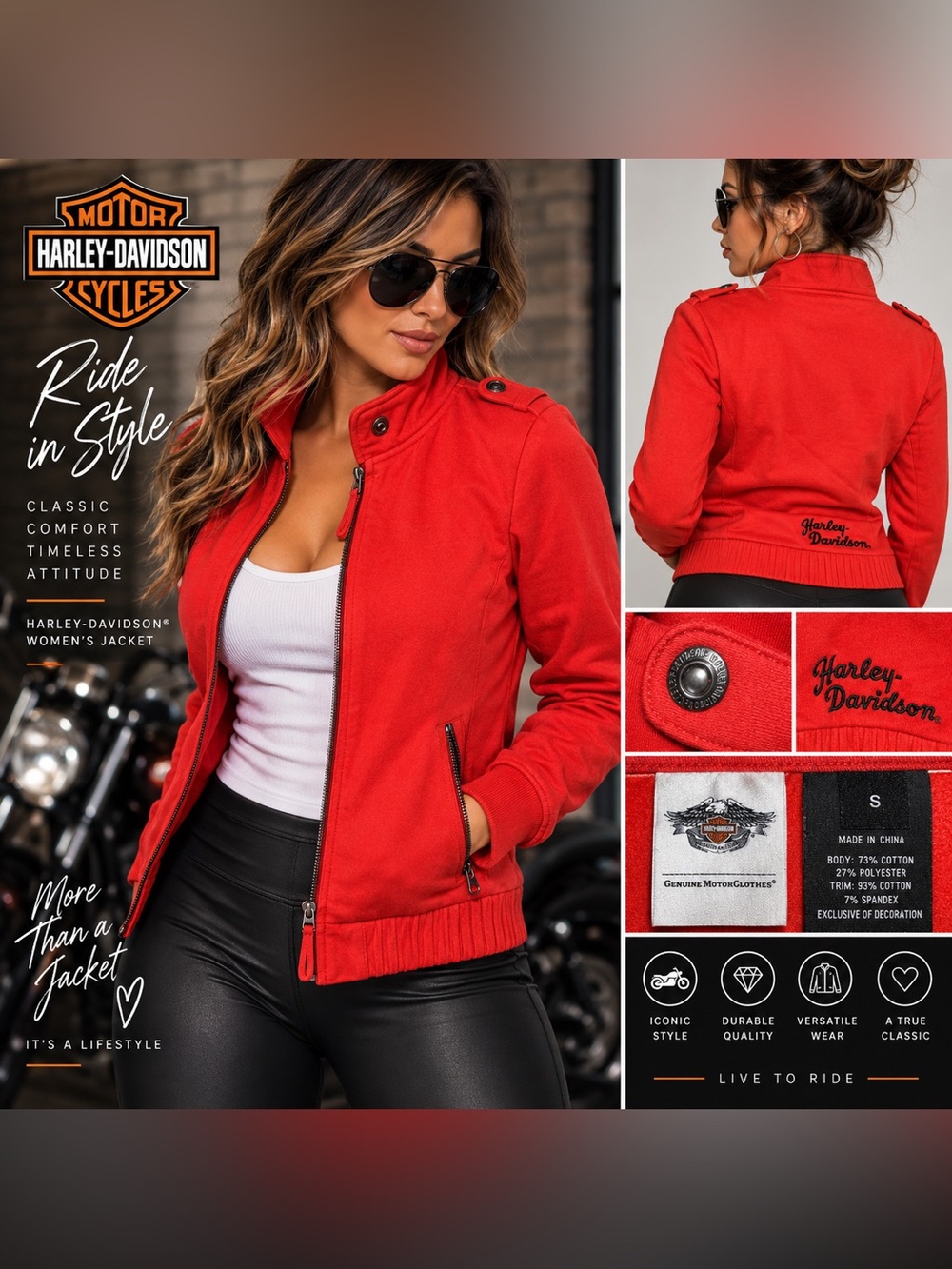 Harley-Davidson Women's Red Zip-Front Moto Jacket size Small